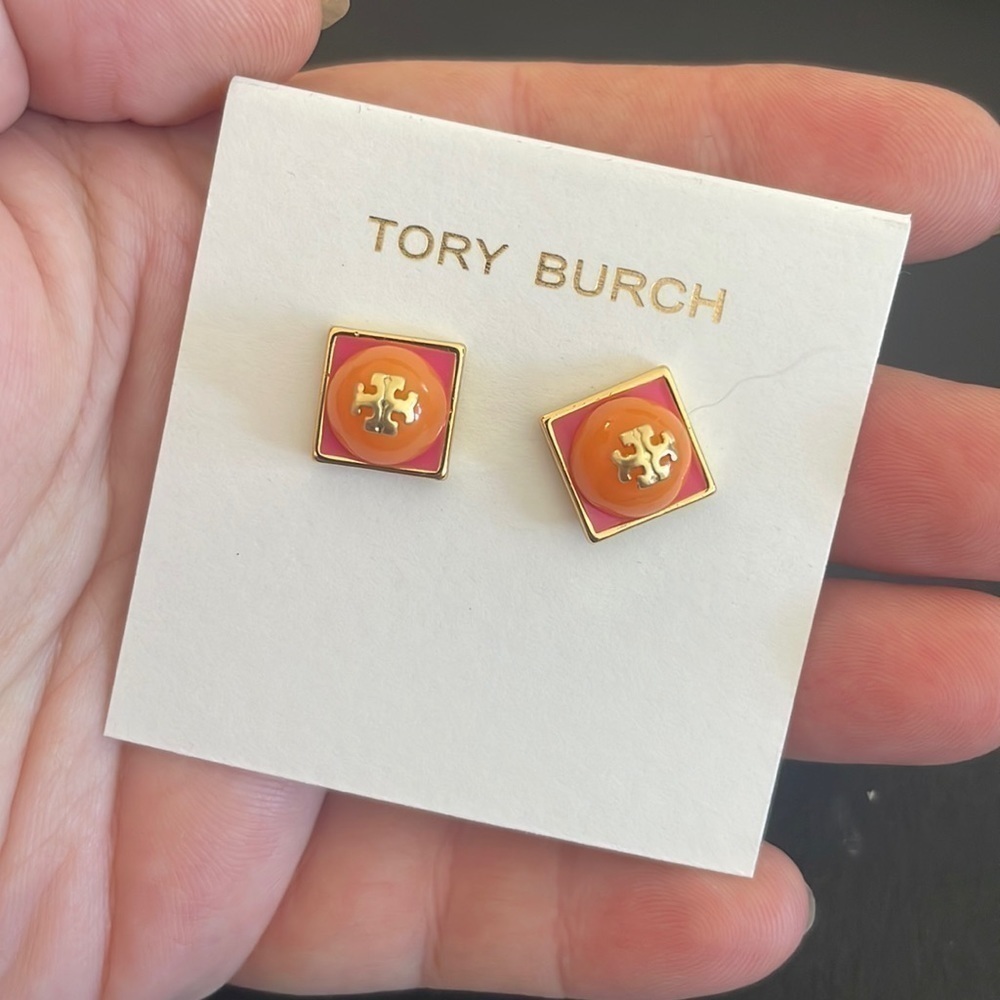 Tory Burch Orange Pink Enamel Logo Stud Earrings Gold Tone Square Studs